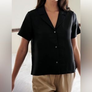 Black linen button down short sleeved top